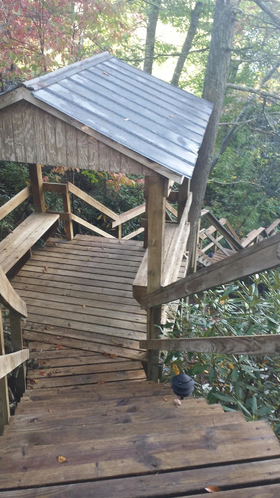 Metal roofed shelter over wooden steps on a wooded walkway — Skylight Repair & Installation work by our crew in Locust Valley